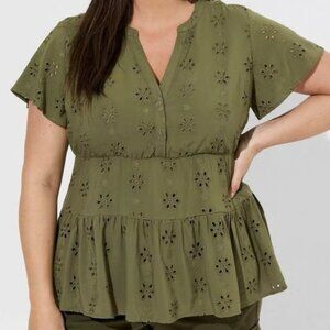 NWT Torrid Top Plus Size 5x Babydoll Olive Green Tiered Flower Eyelet V-Neck
